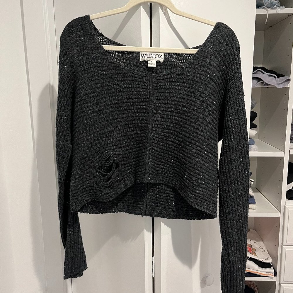 Wildfox Sweater S Womens Dark Gray Distressed Cropped V Neck Long Sleeves